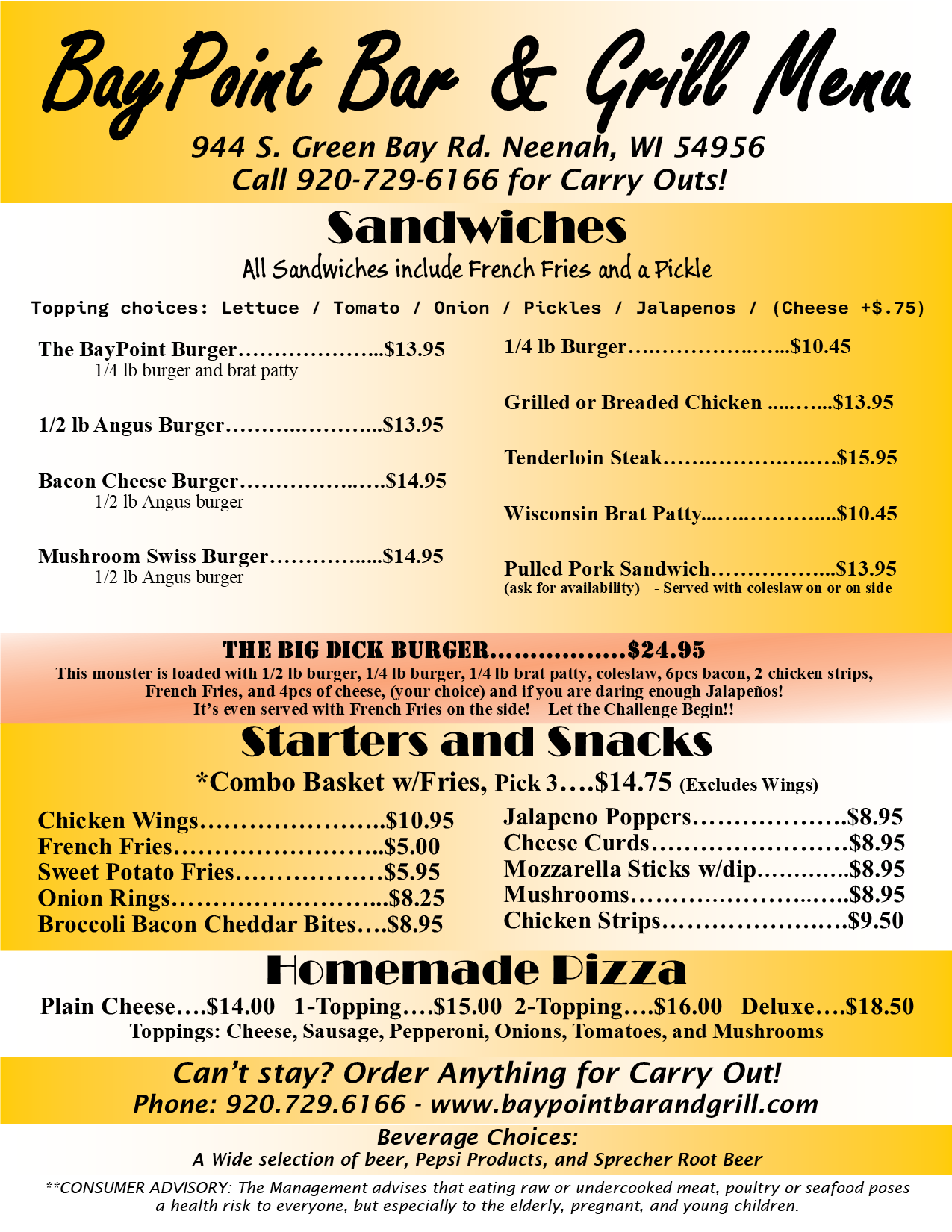 Bay Point Bar and Grill Menu – Sandwiches, Starters and Pizza in Neenah WI